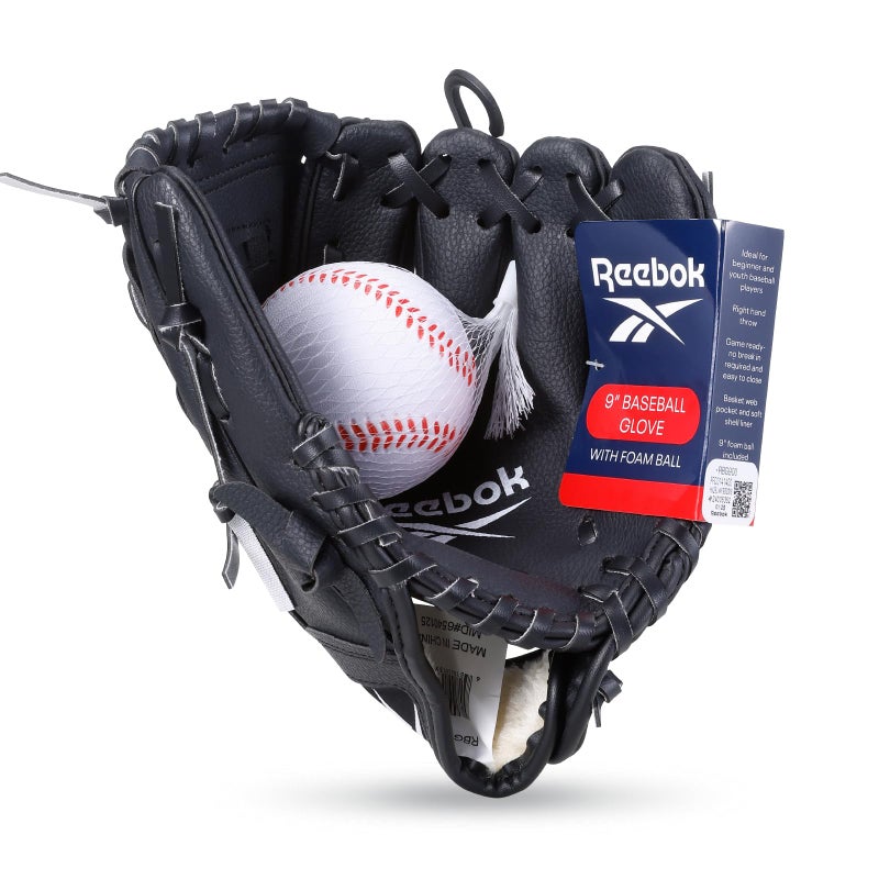 Reebok - Youth Baseball Glove Set, 9-Inch Kids Sports Glove with Foam Ball, Training Mitt for Beginners, Practice & Backyard Play (Black) - Image 3